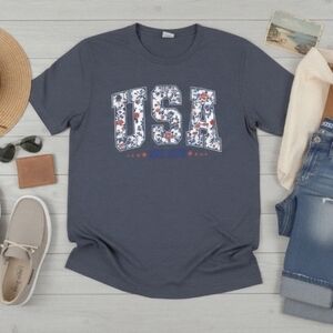USA Floral Patriotic Tee • Red White Blue Shirt • 4th of July Top • Americana